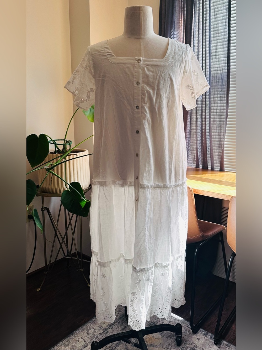 NWT Roolee White Button-Front Eyelet Midi Dress